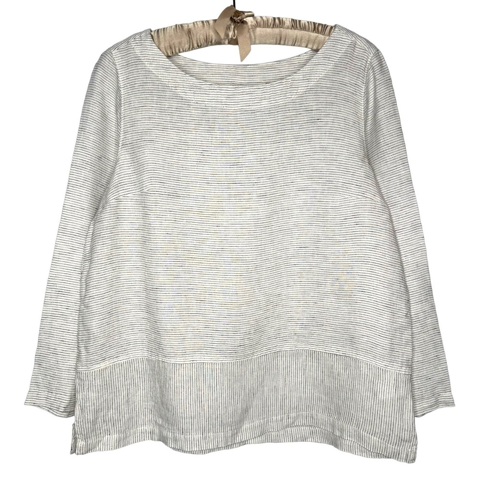 Tahari Top Size Large‎ Linen White Gray Striped Lagenlook Boxy